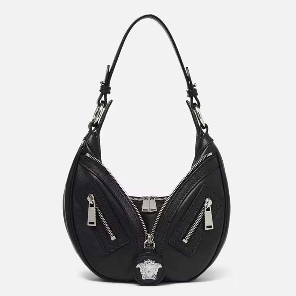 Front view of Versace Women Repeat Small Hobo Bag in Black showing silhouette