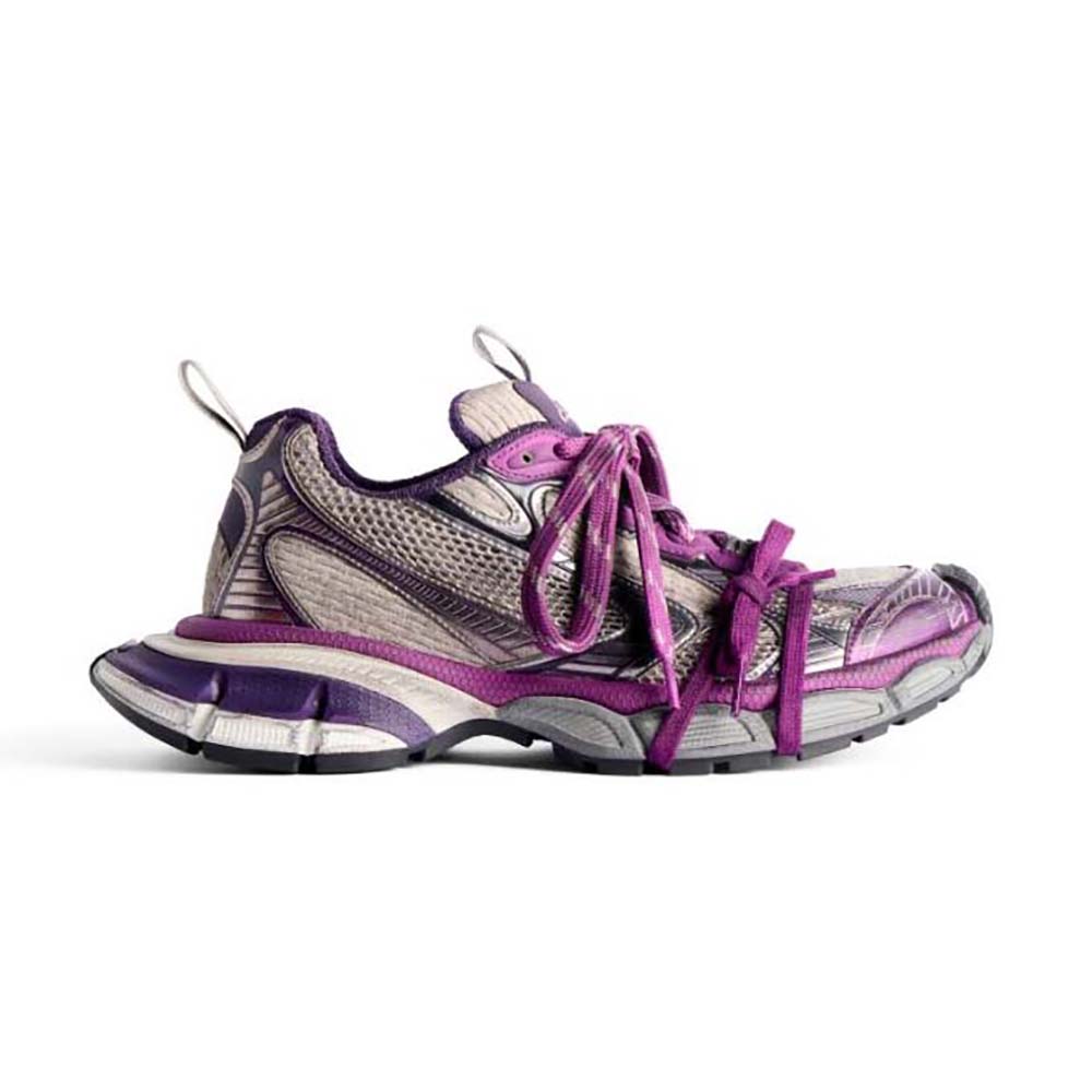 Side angle of Balenciaga Women 3XL Sneaker in purple mesh and grey polyurethane
