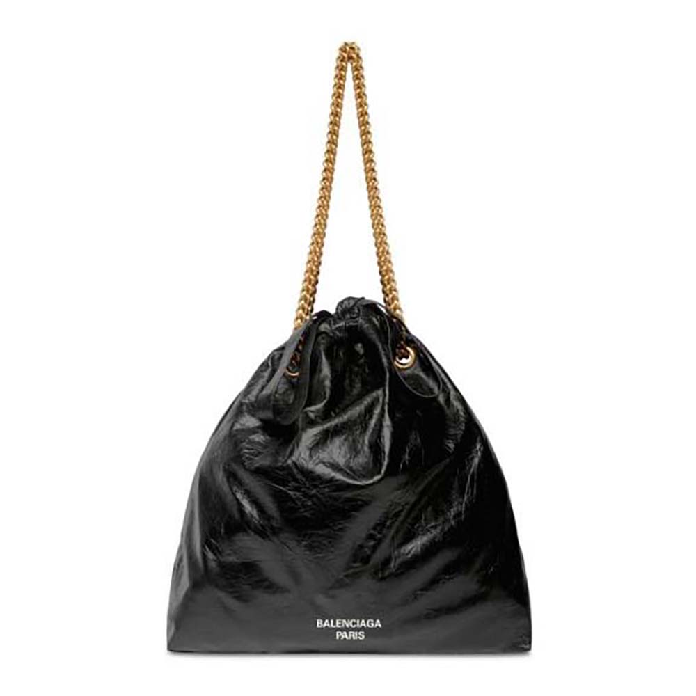 Front view of Balenciaga Women Crush Medium Tote Bag in black crushed calfskin