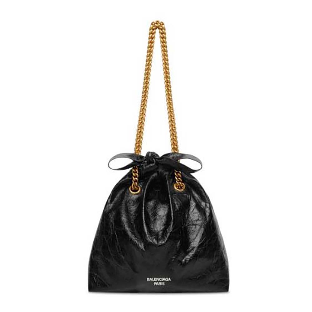 Front view of Balenciaga Women Crush Small Tote Bag in black crushed calfskin