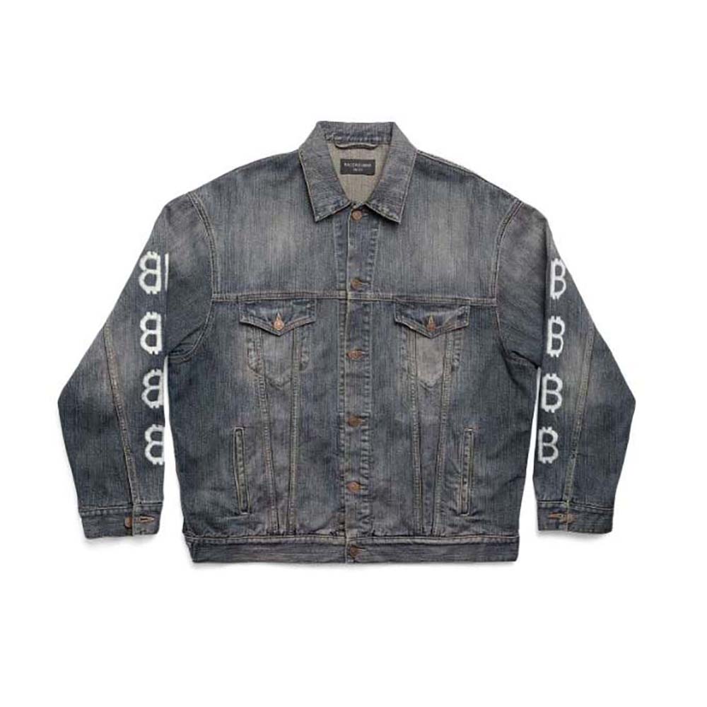 Front view of Balenciaga Men Crypto Large Fit Jacket in Light Blue