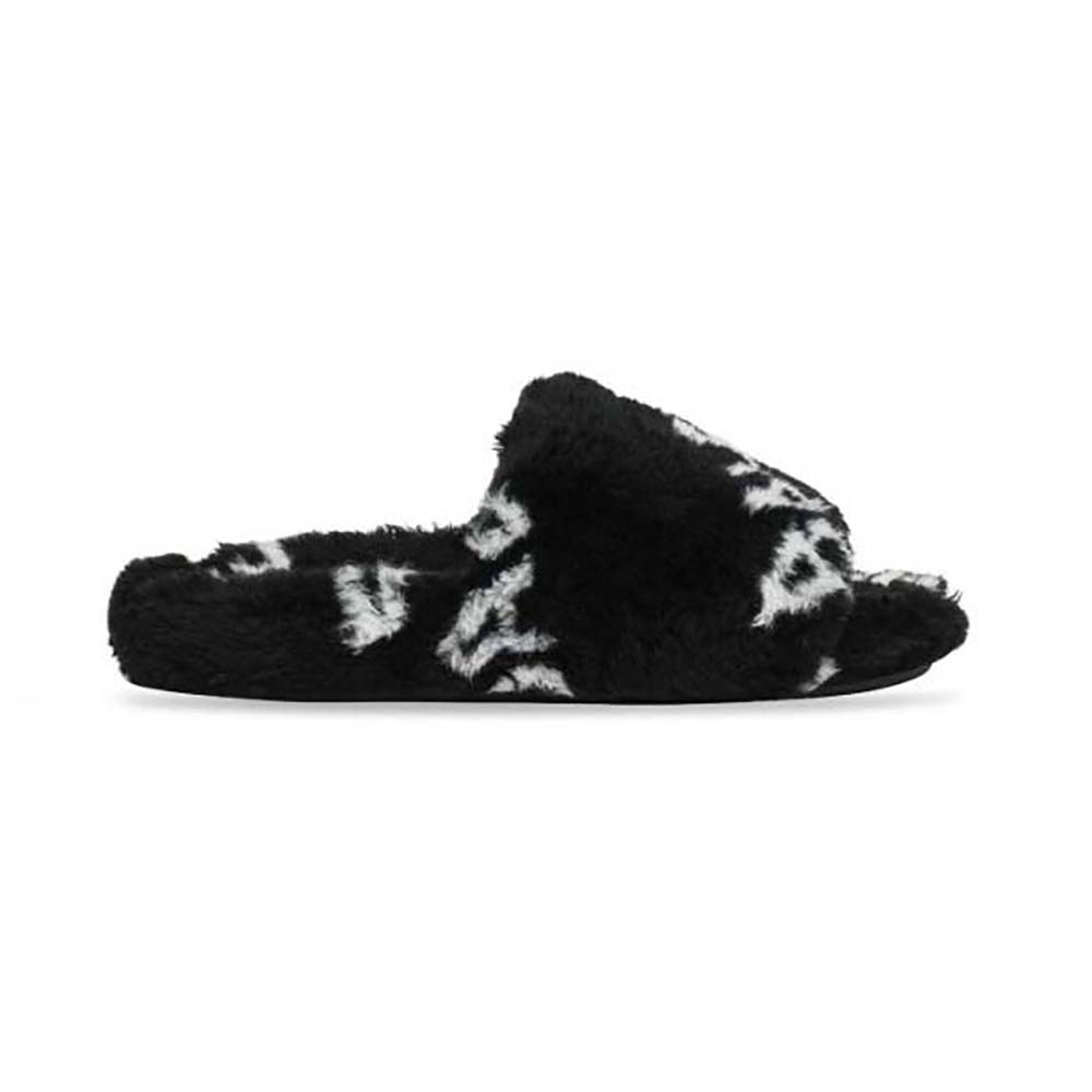 Side view of Balenciaga Women Furry Slide Sandal Allover Logo black and white
