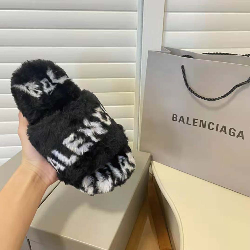 Balenciaga Women Furry Slide Sandal Allover Logo in Black and White Fake Fur - image 9