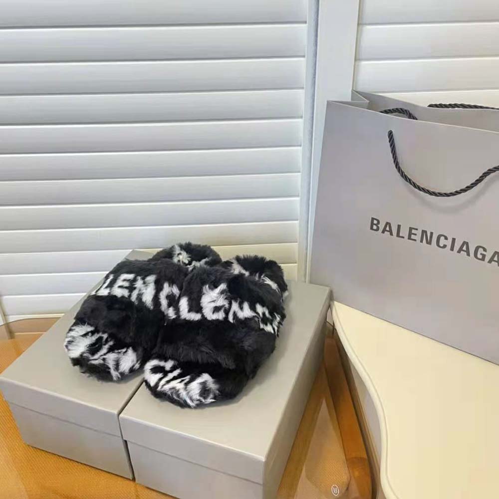 Balenciaga Women Furry Slide Sandal Allover Logo in Black and White Fake Fur - image 4
