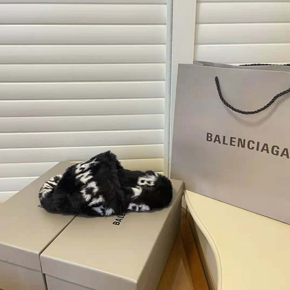 Balenciaga Women Furry Slide Sandal Allover Logo in Black and White Fake Fur - image 5