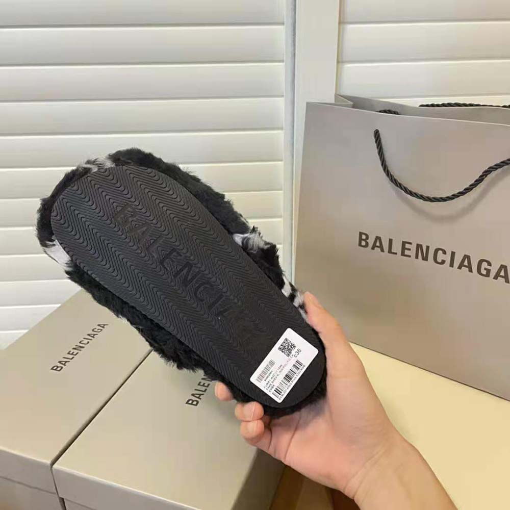 Balenciaga Women Furry Slide Sandal Allover Logo in Black and White Fake Fur - image 10