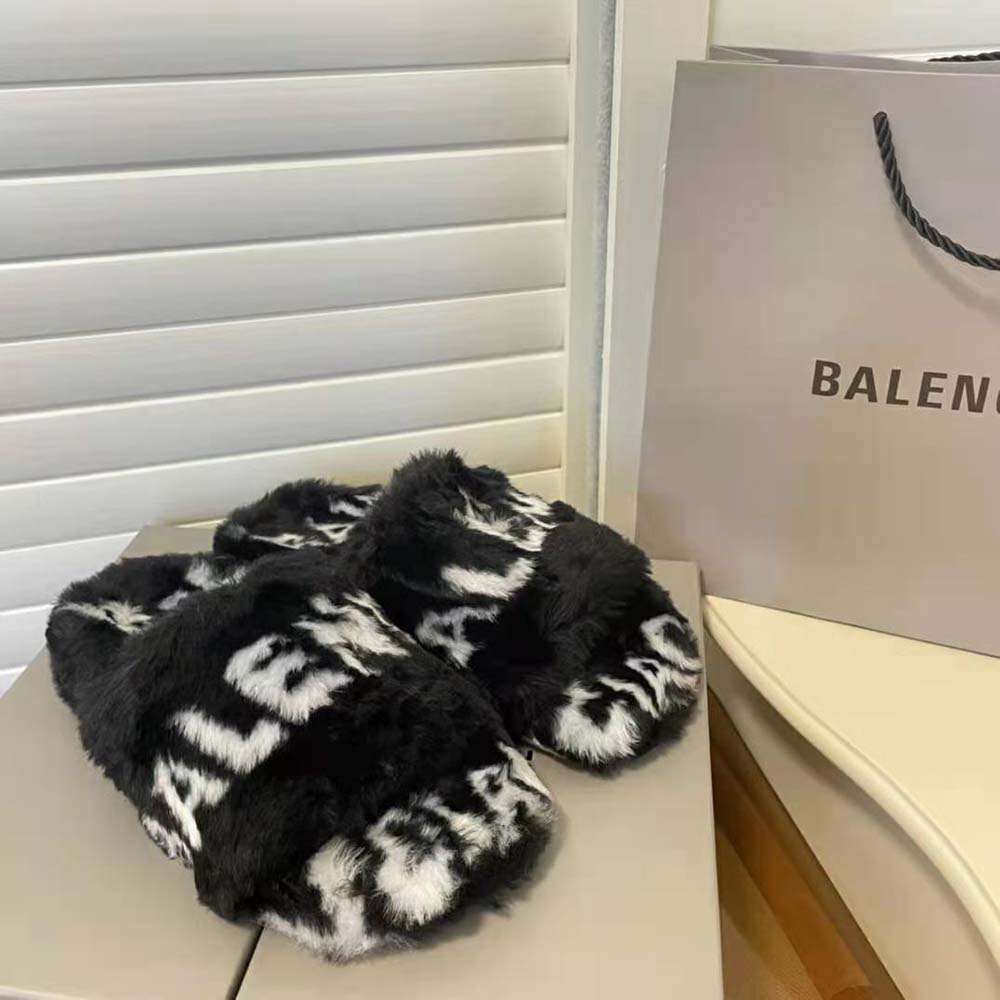Balenciaga Women Furry Slide Sandal Allover Logo in Black and White Fake Fur - image 8