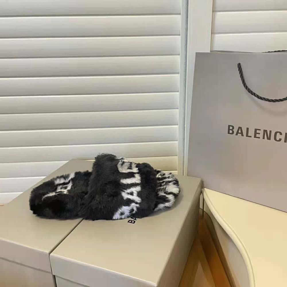 Balenciaga Women Furry Slide Sandal Allover Logo in Black and White Fake Fur - image 7