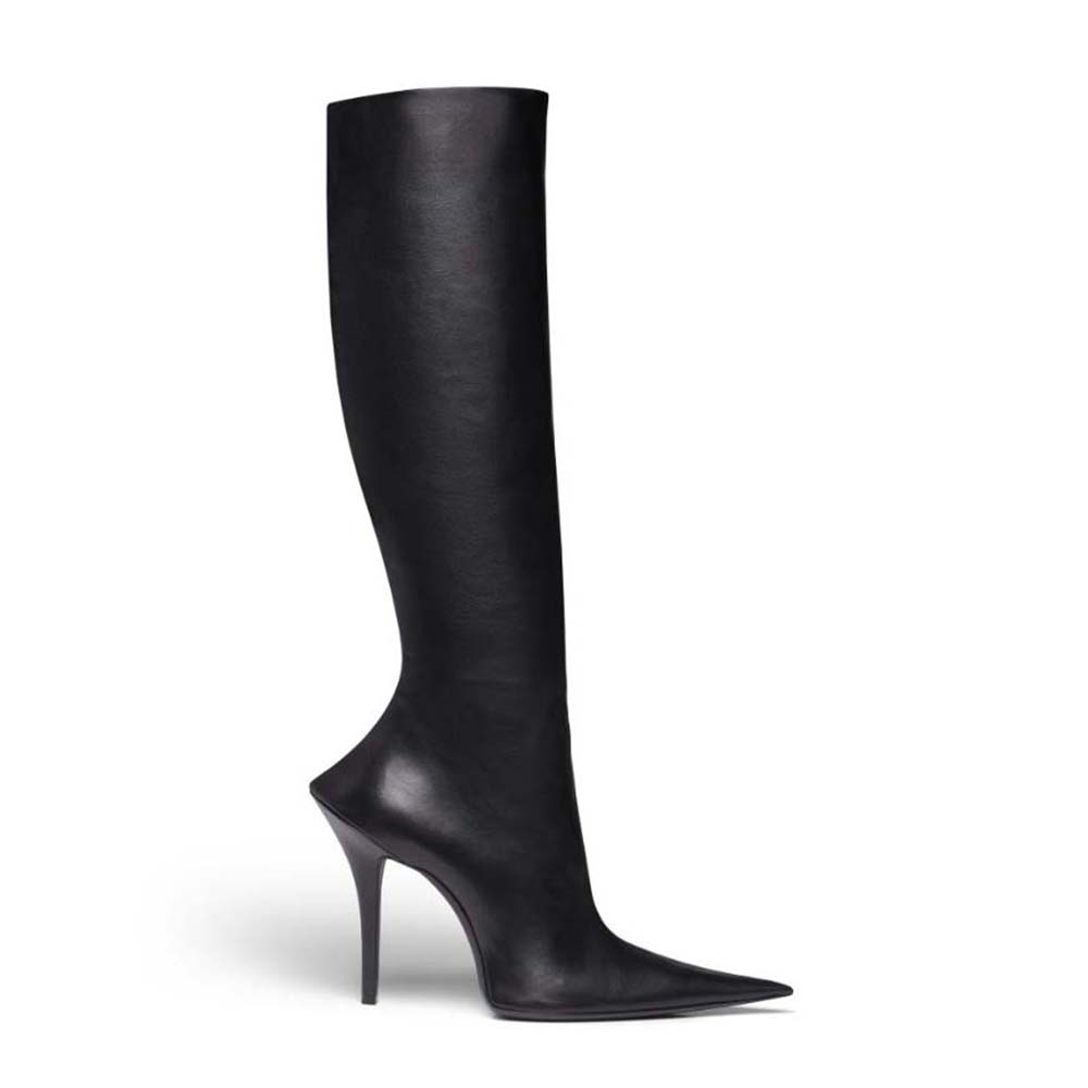 Side view of Balenciaga Women Witch 110mm Boot in black shiny sheepskin