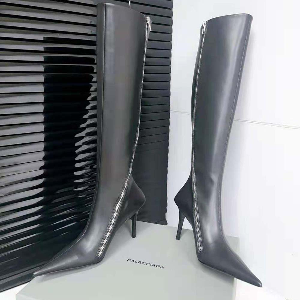 Detail of 110mm heel and signature hardware on Balenciaga Women Witch boot