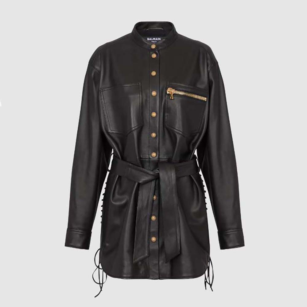 Front view of Balmain Women Leather Overshirt with Lace-up Details in black