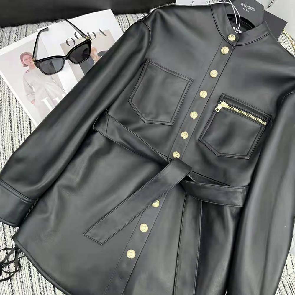 Balmain Women Leather Overshirt with Lace-up Details - image 4