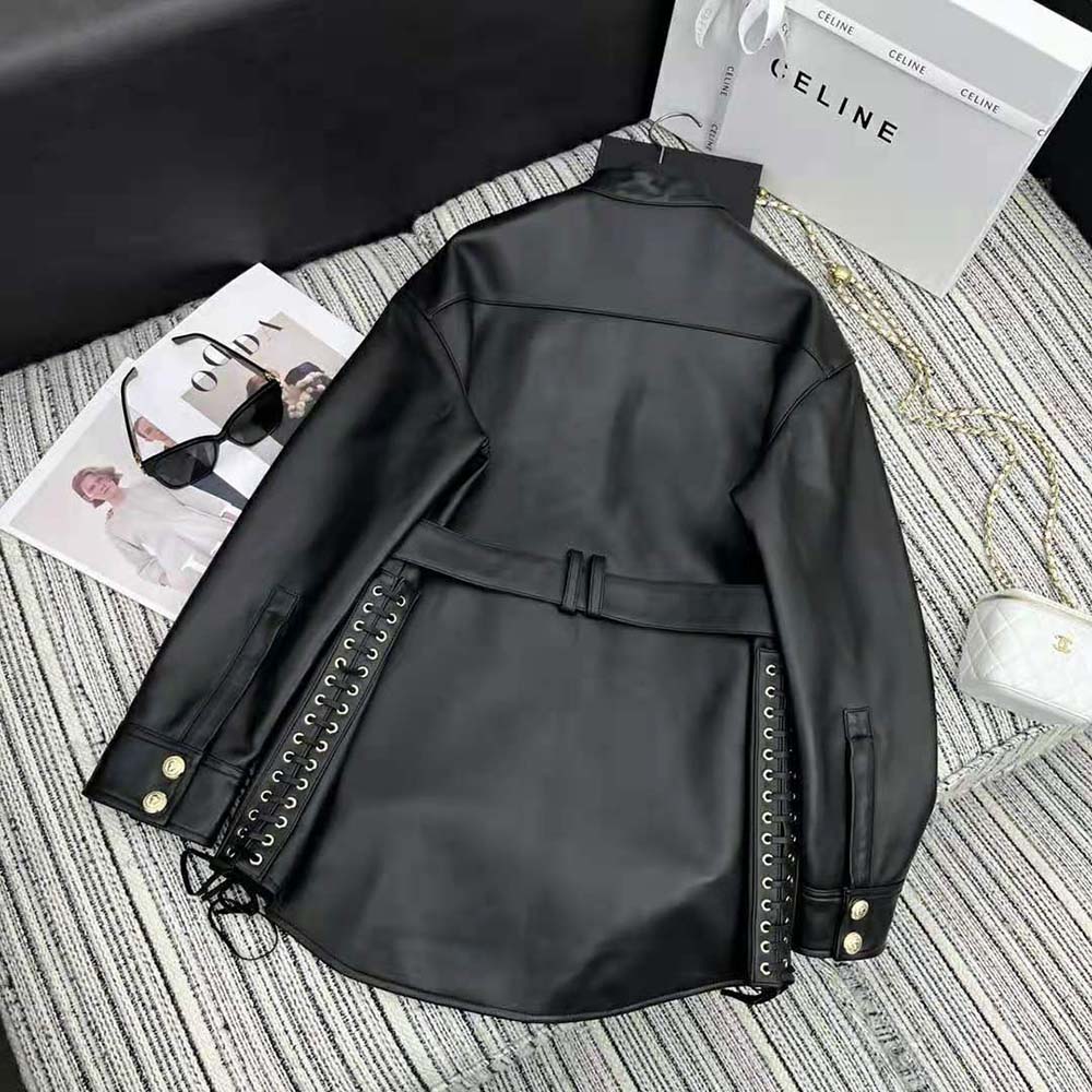 Side angle showing oversized silhouette of Balmain Women Leather Overshirt