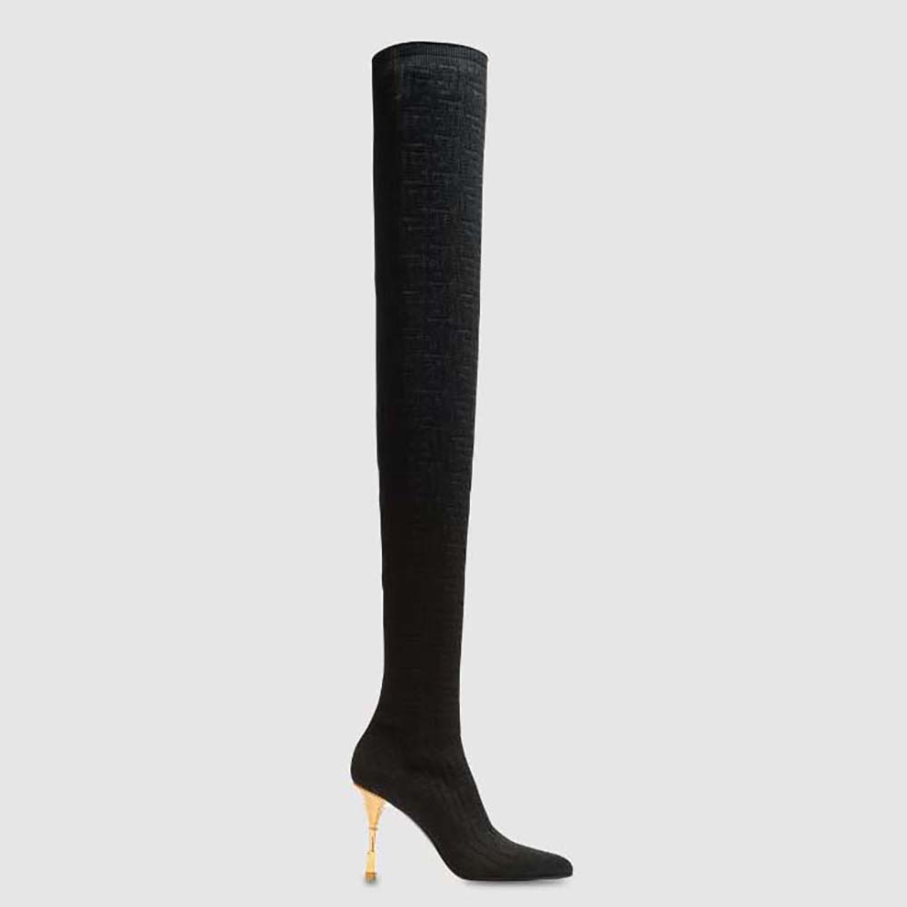 Side view of Balmain Women Moneta Mesh Thigh Boots with Monogram-Black