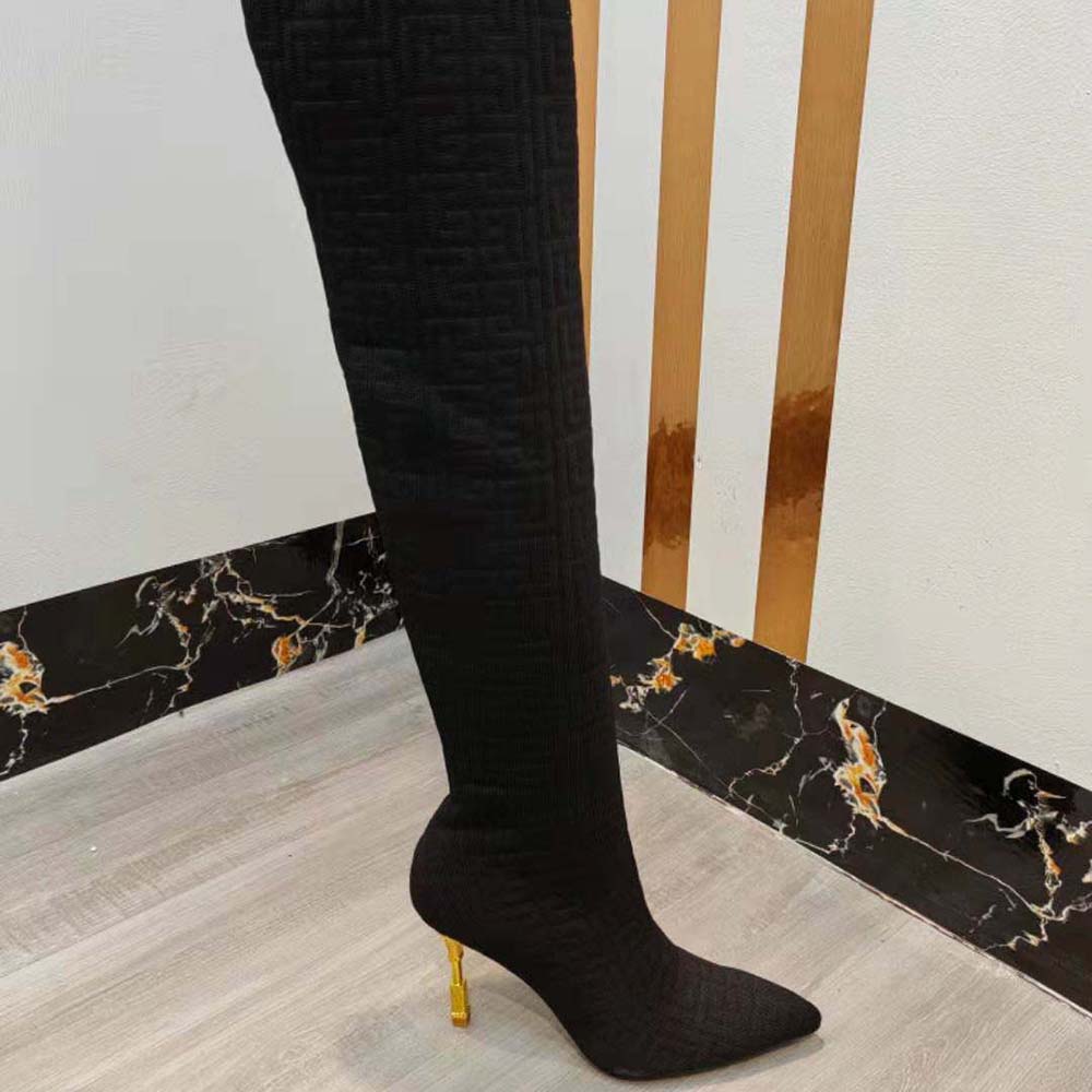 Balmain Women Moneta Mesh Thigh Boots with Monogram-Black - image 7
