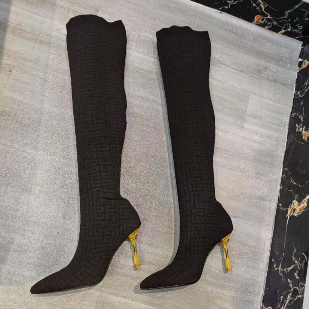 Balmain Women Moneta Mesh Thigh Boots with Monogram-Black - image 5