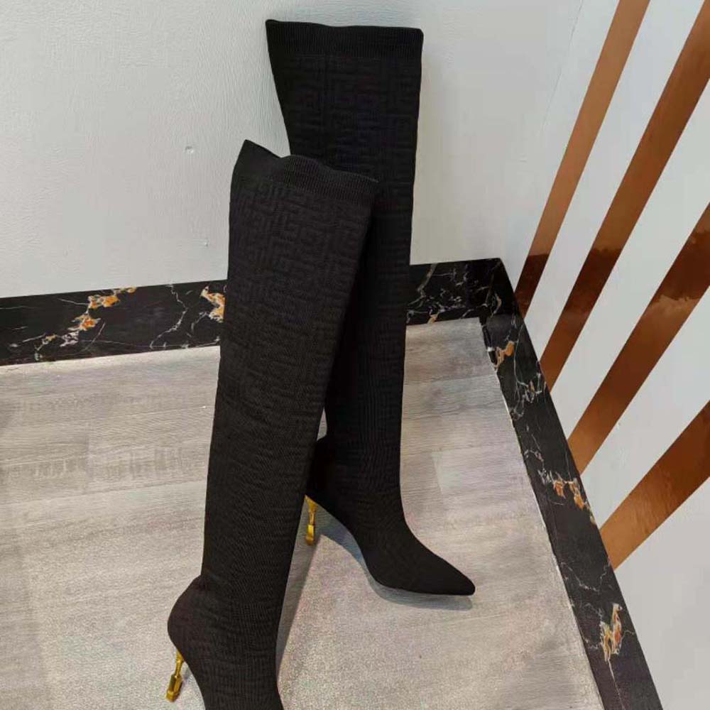 Balmain Women Moneta Mesh Thigh Boots with Monogram-Black - image 6