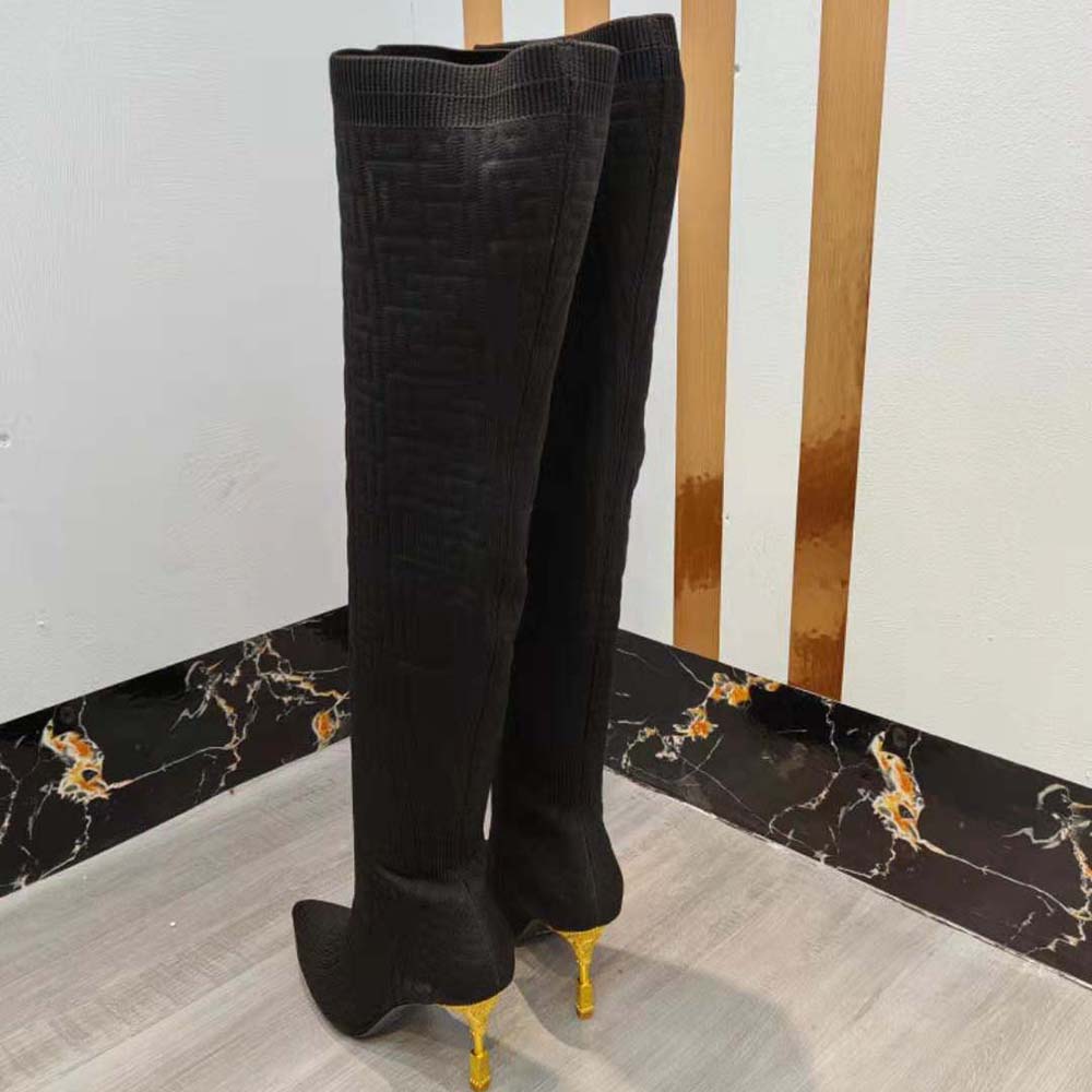 Balmain Women Moneta Mesh Thigh Boots with Monogram-Black - image 8