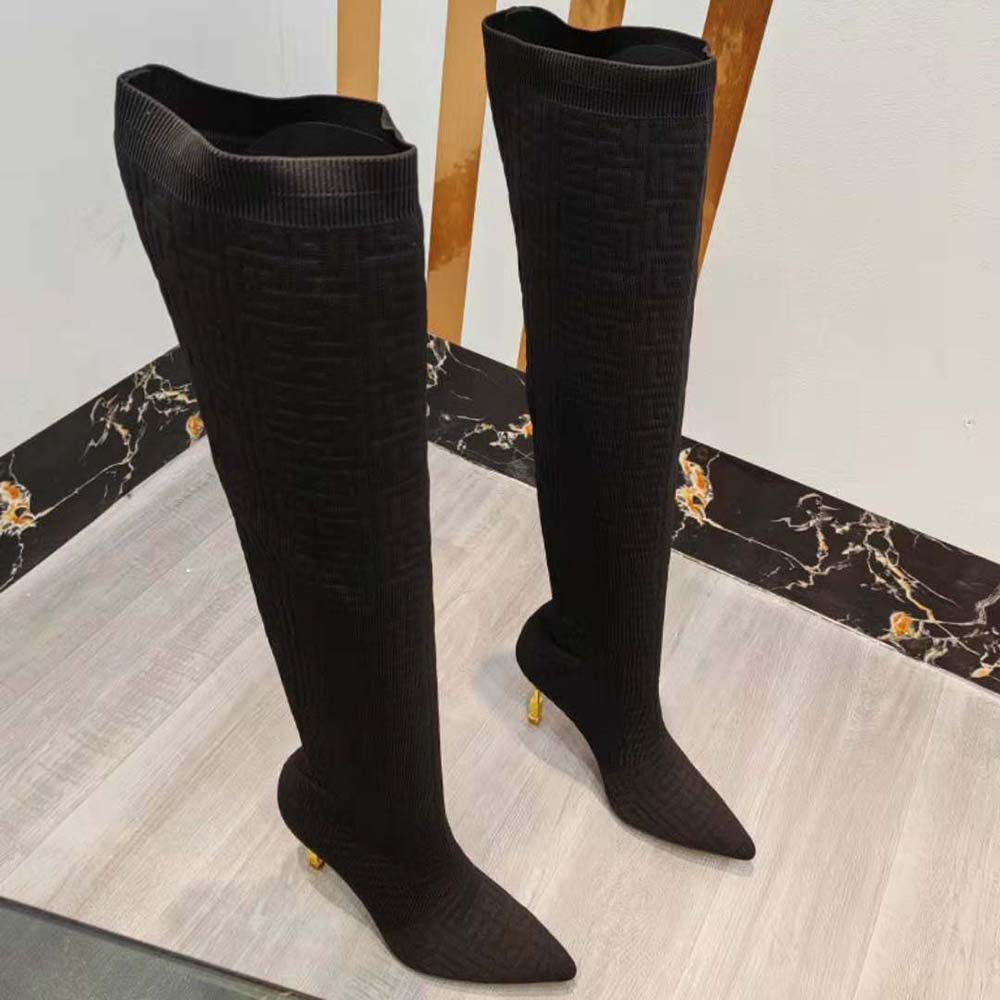 Detail of mesh and leather texture on Balmain Women Moneta Mesh Thigh Boots