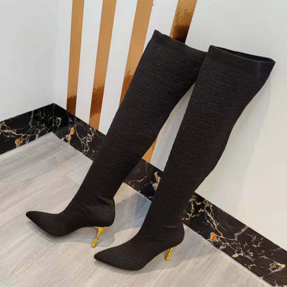Balmain Women Moneta Mesh Thigh Boots with Monogram-Black - image 4