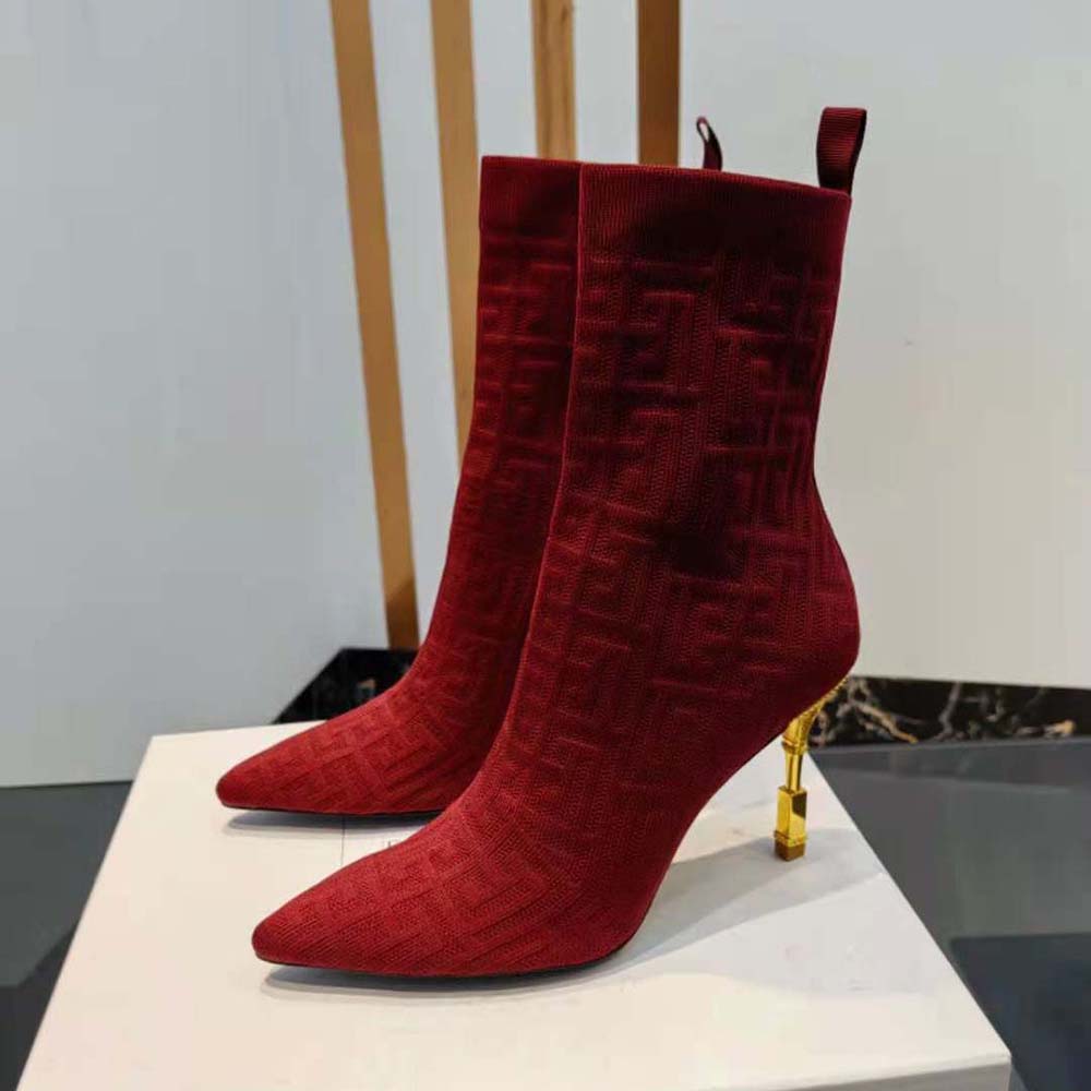 Balmain Women Moneta Monogrammed Knit Ankle Boots with Engraved Heel-Red - image 5