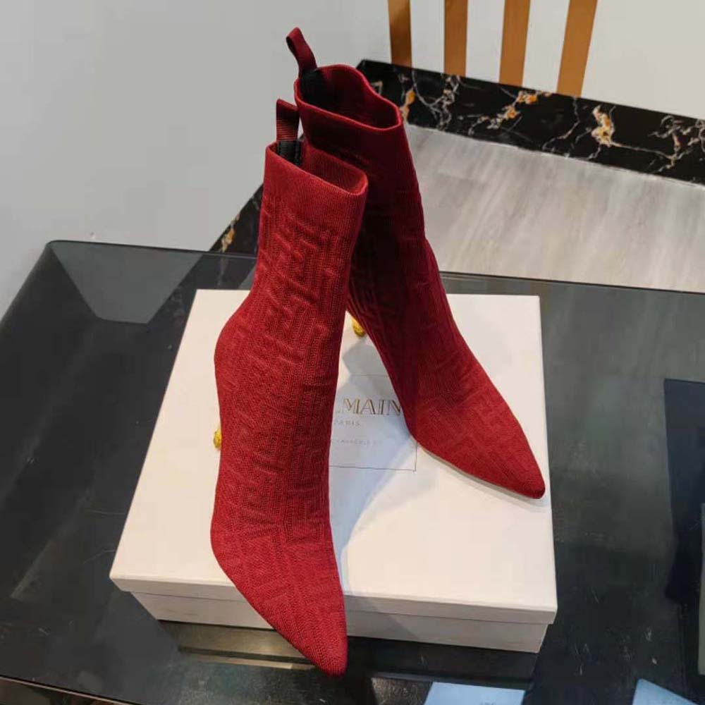 Balmain Women Moneta Monogrammed Knit Ankle Boots with Engraved Heel-Red - image 4