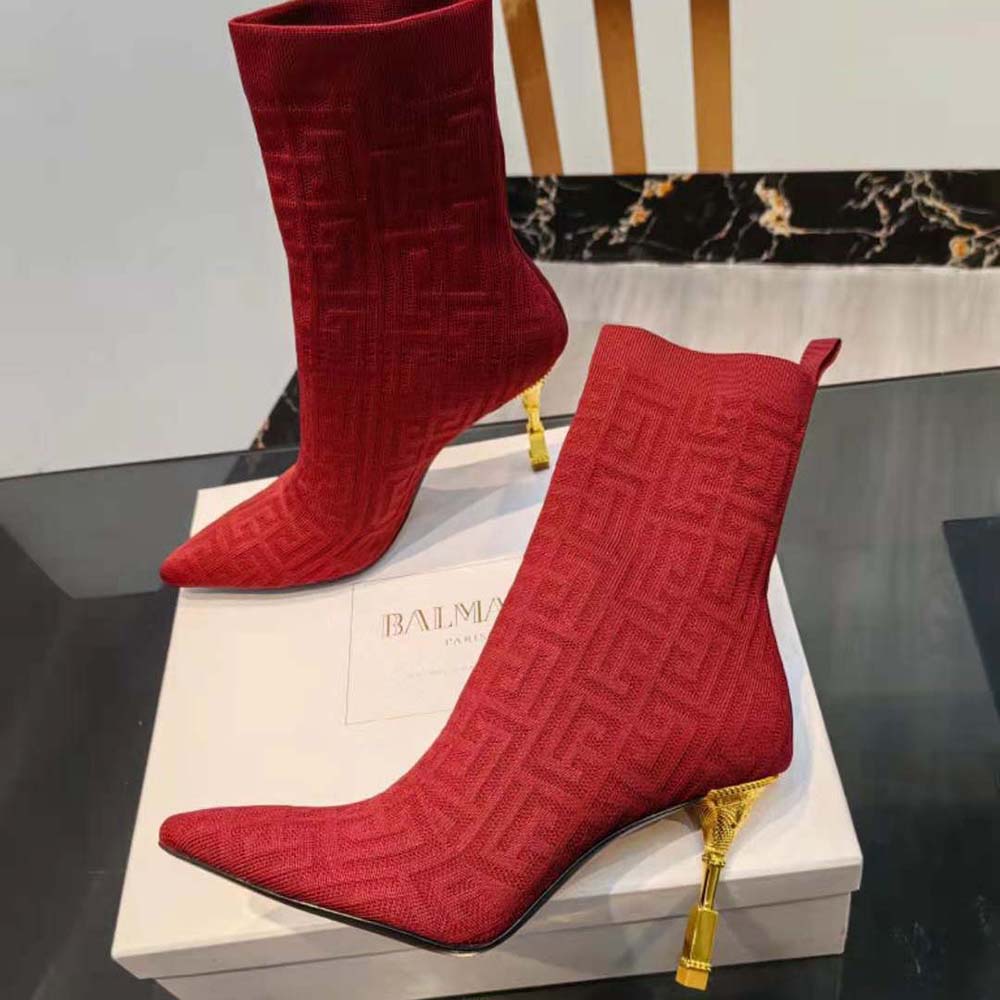 Balmain Women Moneta Monogrammed Knit Ankle Boots with Engraved Heel-Red - image 8