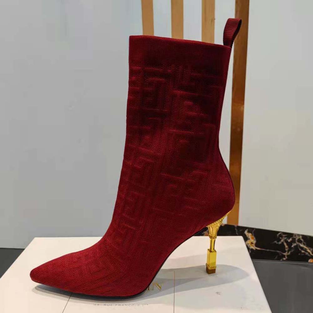 Balmain Women Moneta Monogrammed Knit Ankle Boots with Engraved Heel-Red - image 7