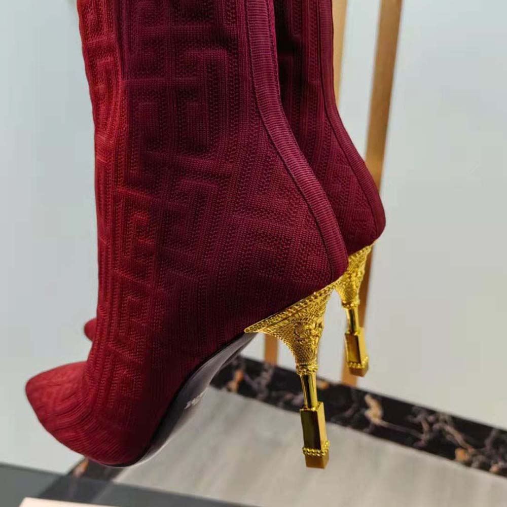 Balmain Women Moneta Monogrammed Knit Ankle Boots with Engraved Heel-Red - image 9