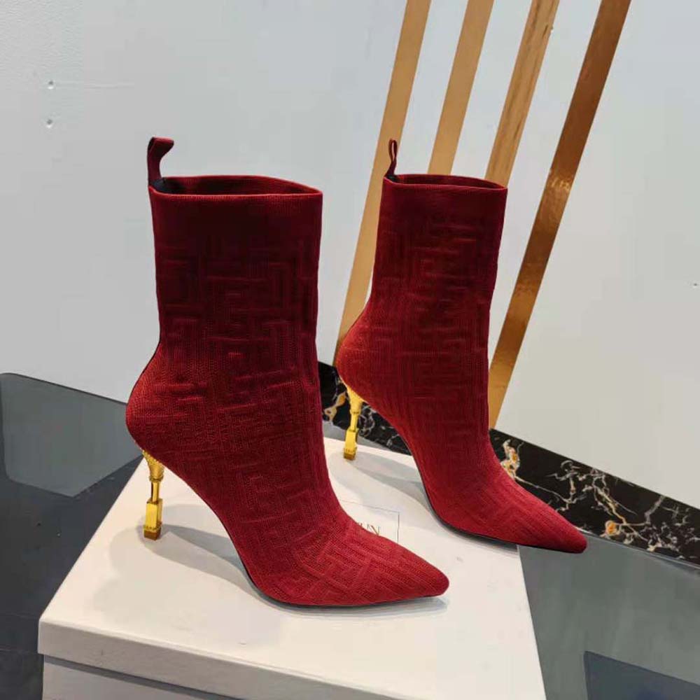 Top angle showing pointed toe of Balmain Women Moneta Red Knit Ankle Boots