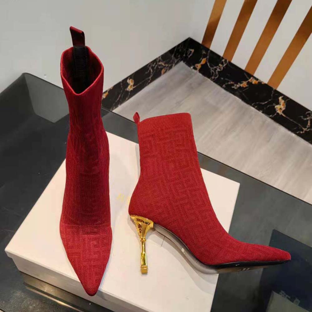 Balmain Women Moneta Monogrammed Knit Ankle Boots with Engraved Heel-Red - image 6