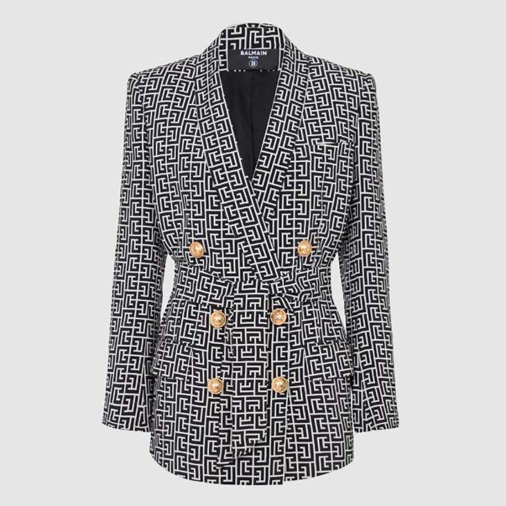 Front view of Balmain Women Monogram Printed Jacket with Shawl Collar