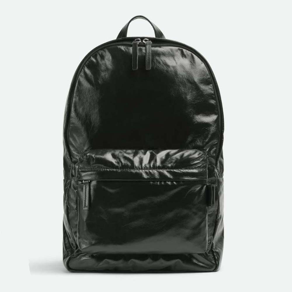 Front view of Bottega Veneta Men Medium Archetype Backpack Crafted from Supple Lambskin Leather-Black