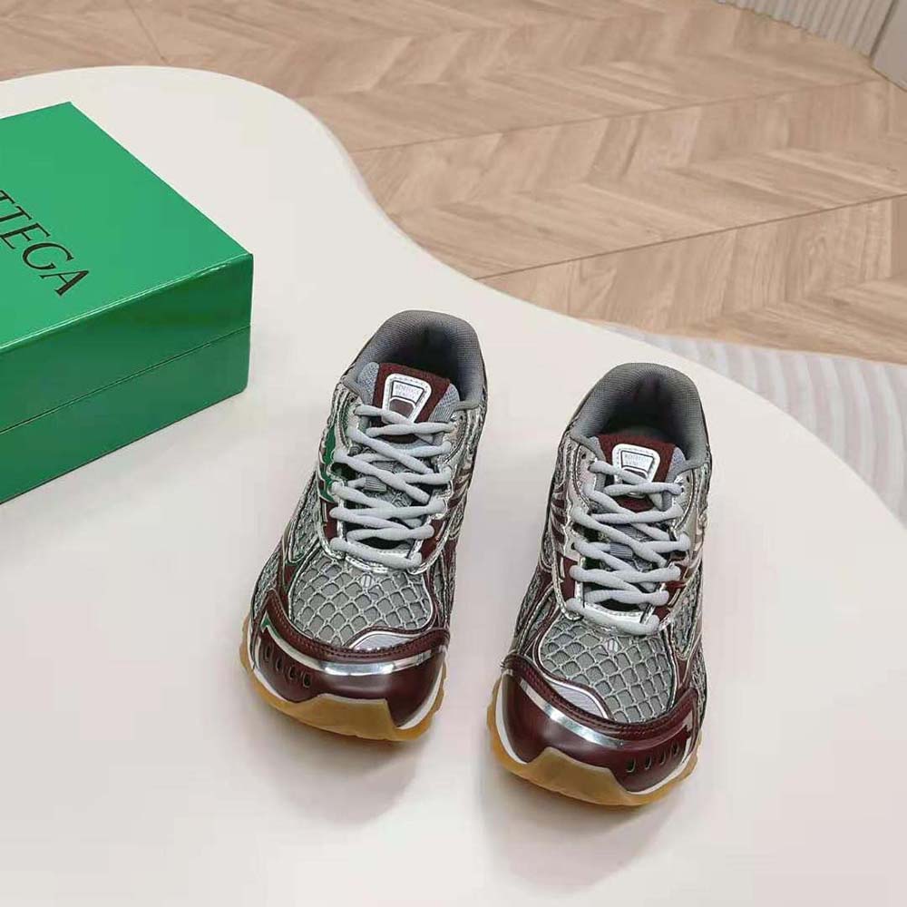 Close-up detail of maroon technical fabric on Orbit sneaker by Bottega Veneta