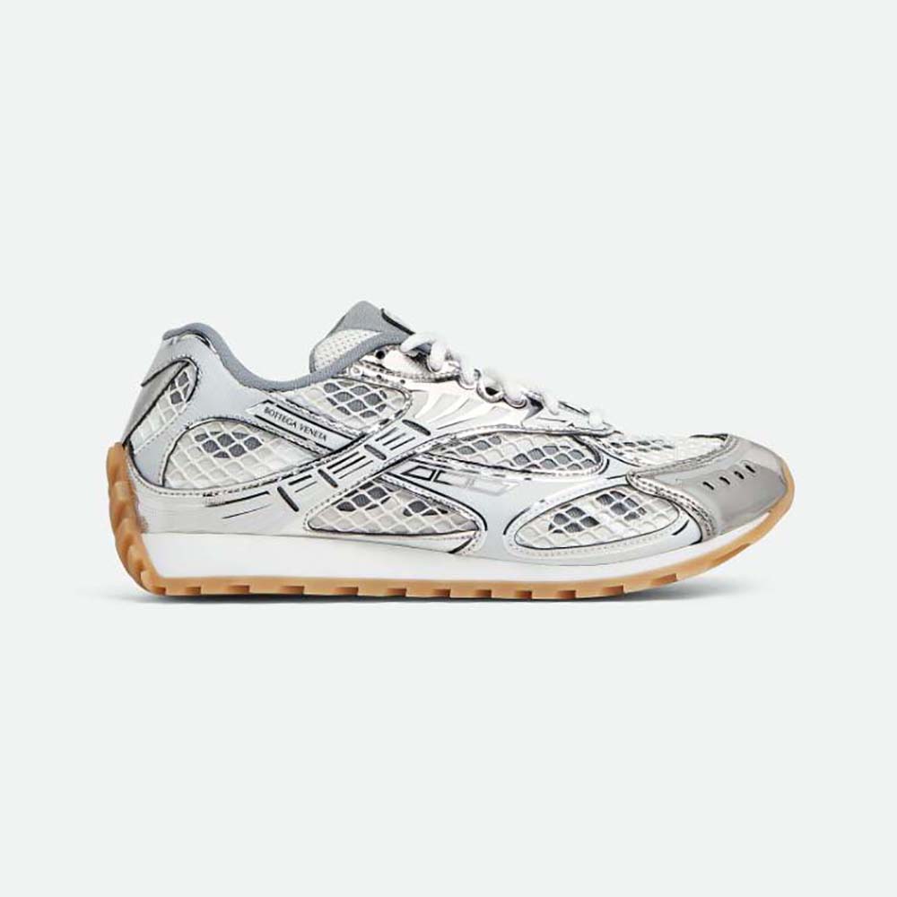 Side view of Bottega Veneta Unisex Technical Fabric Lace-up Orbit Sneaker-White