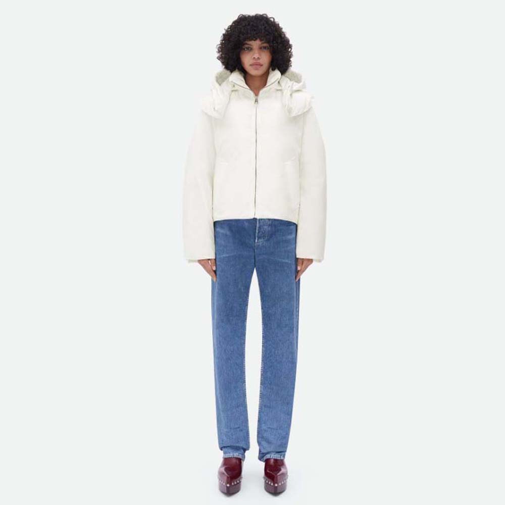 Front view of Bottega Veneta Women Frosted Poplin Puffer Jacket-White