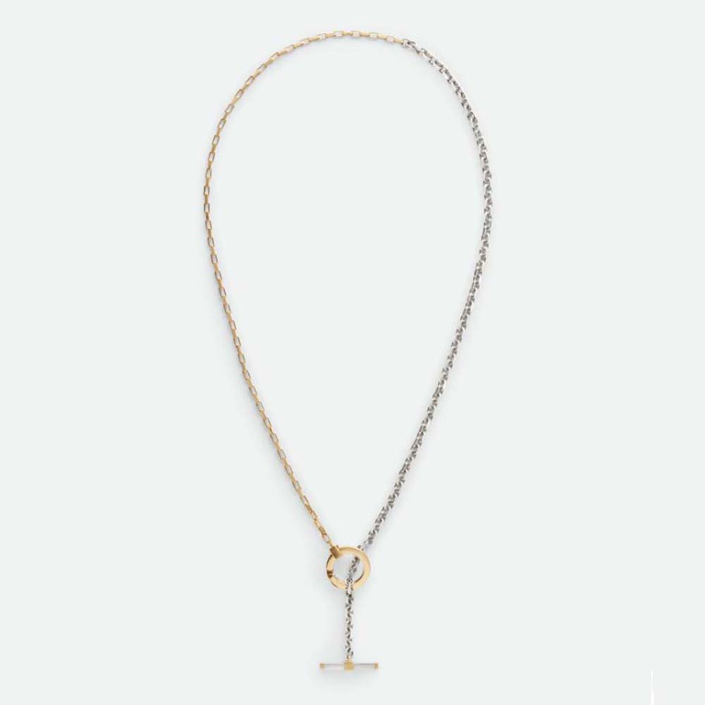 Close-up of Bottega Veneta Women Key Chain Necklace sterling silver and gold detail