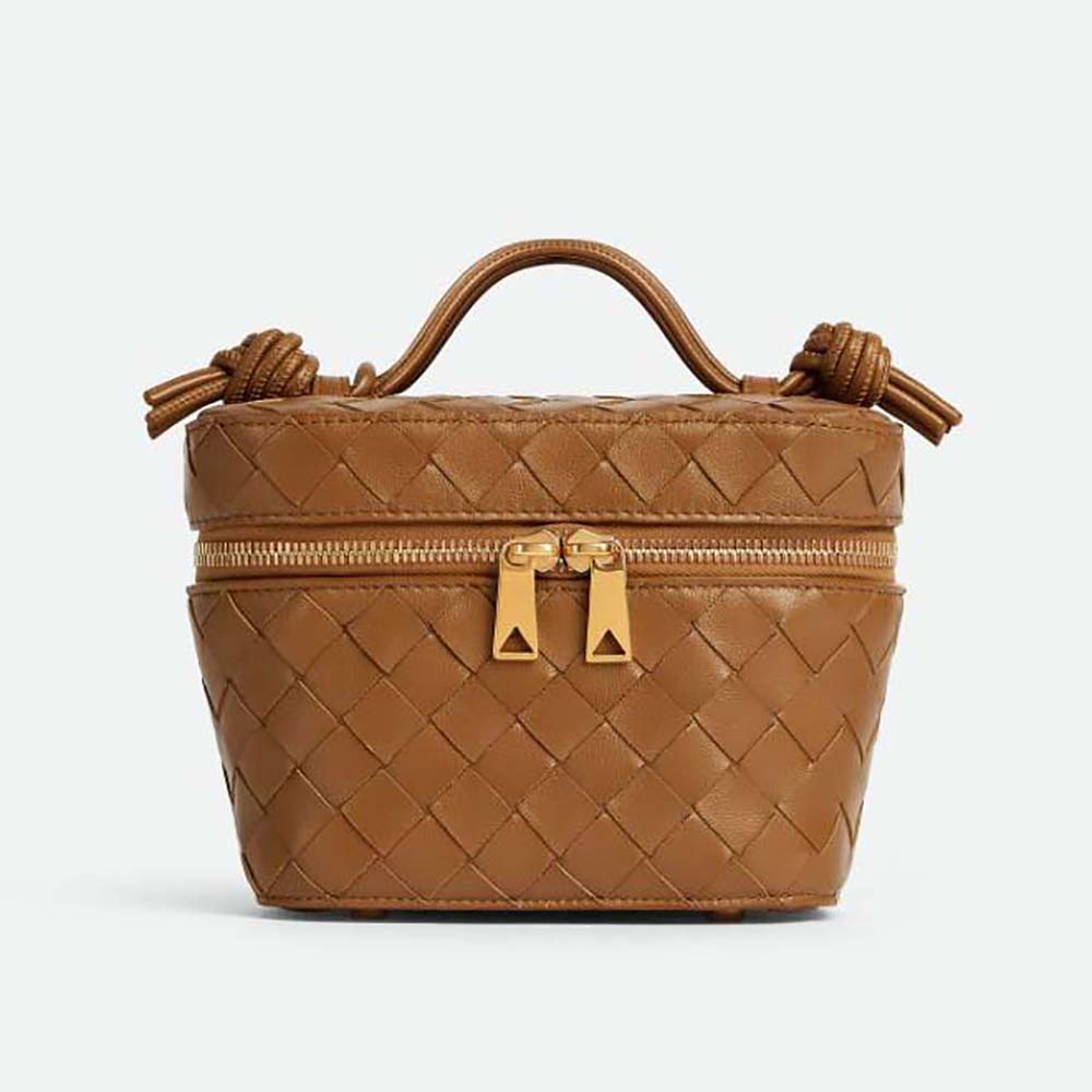 Front view of Bottega Veneta Women Mini Intrecciato Leather Vanity Case with cross-body strap