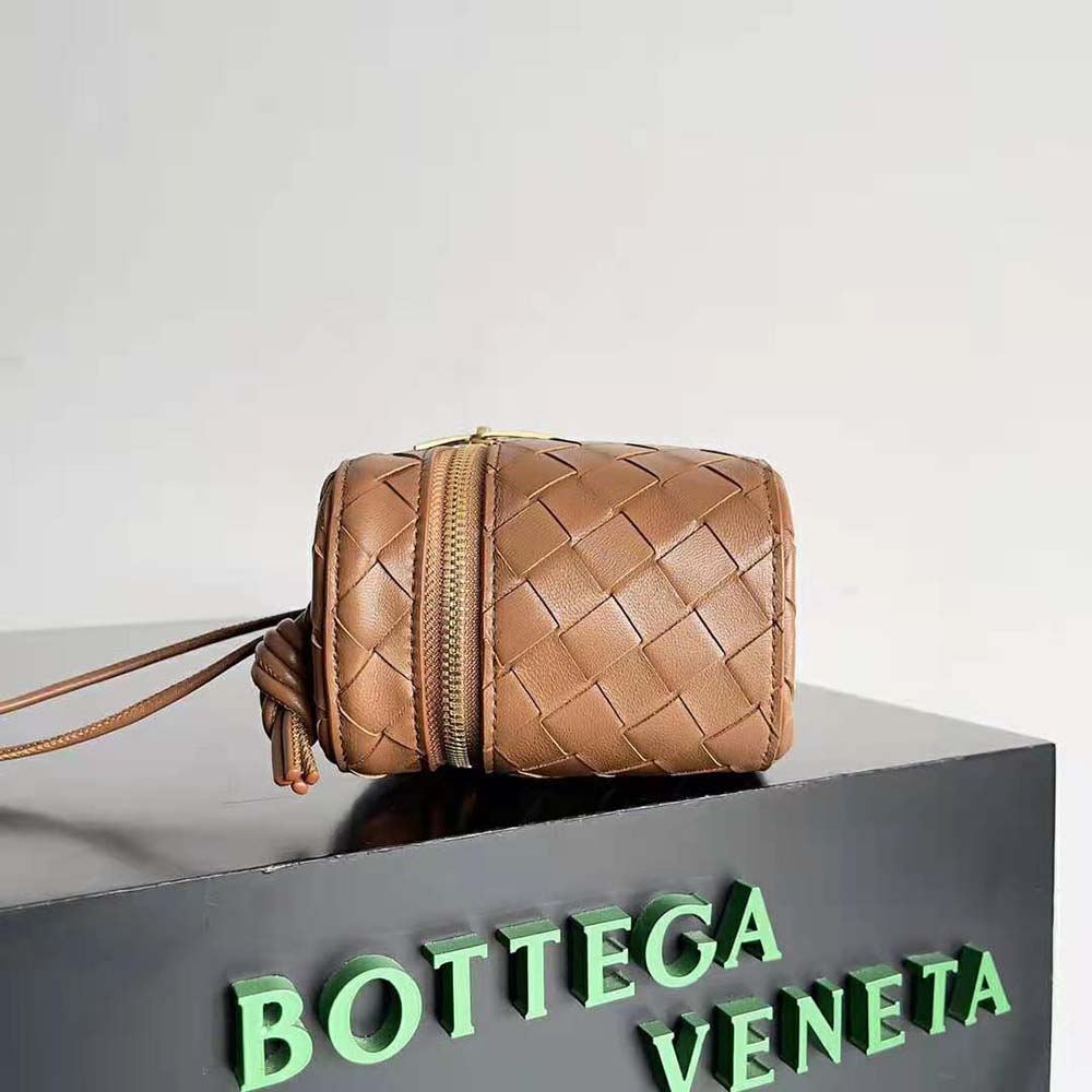 Bottega Veneta Women Mini Intrecciato Leather Vanity Case with Cross-Body Strap-Brown - image 4