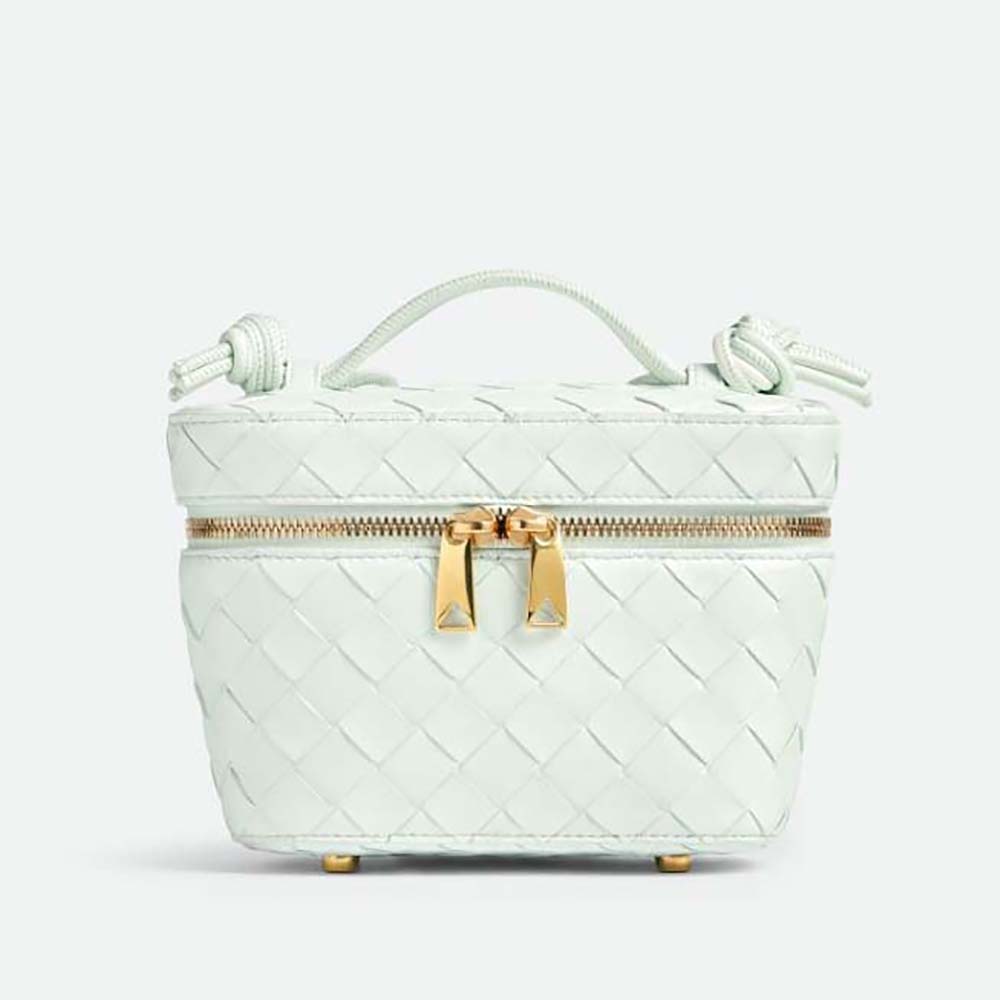 Front view of Bottega Veneta Women Mini Intrecciato Leather Vanity Case with Cross-Body Strap-White