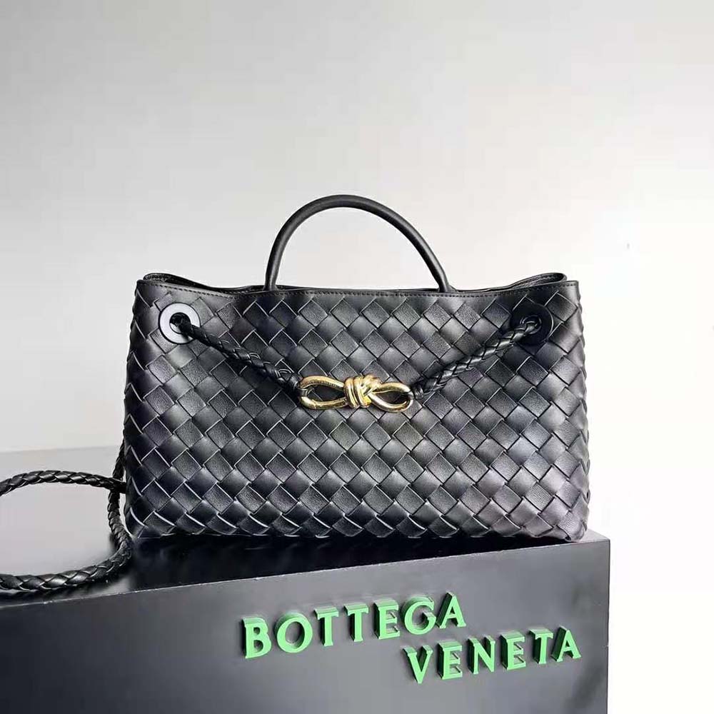 Close-up of intrecciato weave on Bottega Veneta Women Small East/West Andiamo-Black
