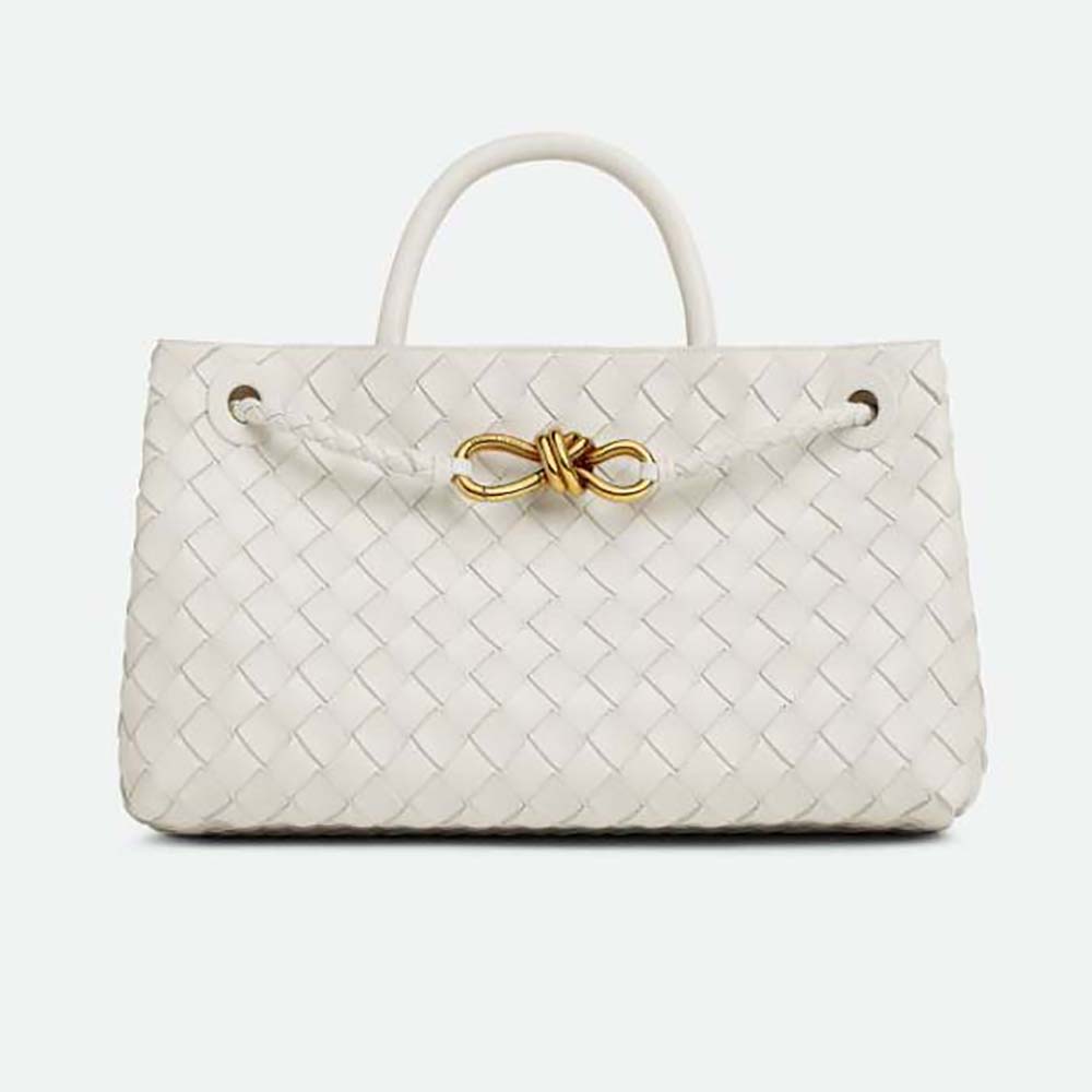 Front angle view of Bottega Veneta Women Small East/West Andiamo-White bag