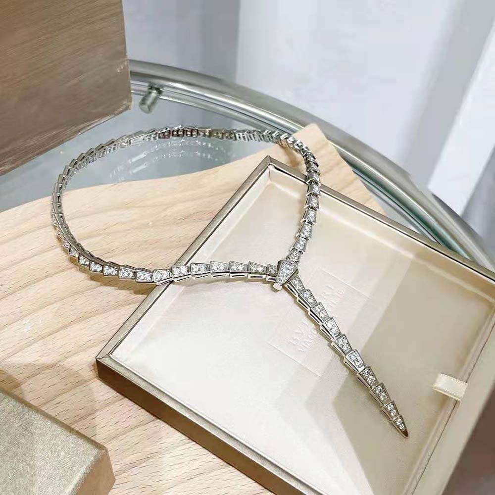 Side angle showing flexible serpent silhouette of Bvlgari necklace