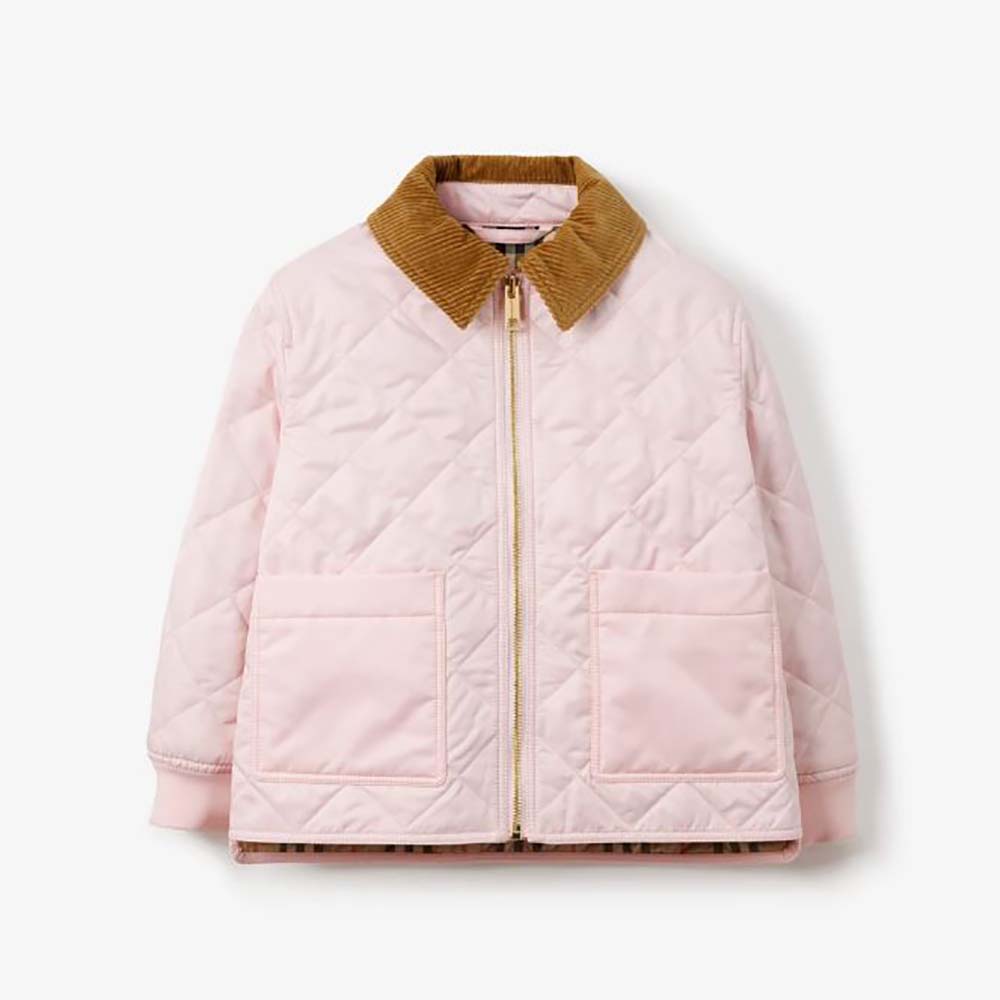Front view of Burberry Girls’ Corduroy Collar Diamond Quilted Jacket-Pink