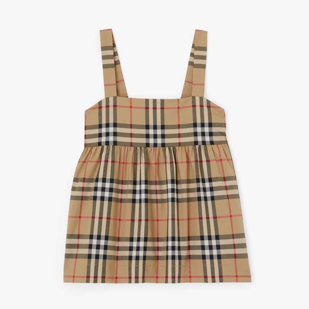 Front view of Burberry Girls’ Vintage Check Stretch Cotton Top in beige