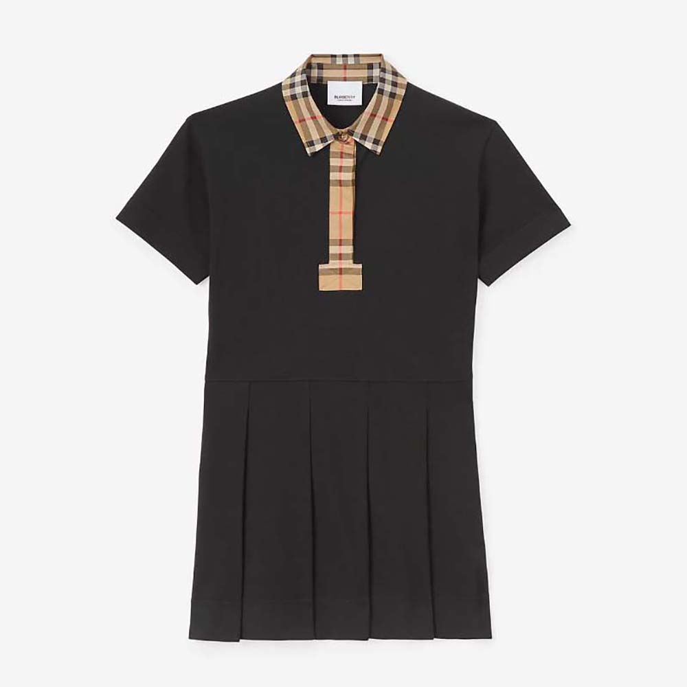 Front view of Burberry Girls’ Vintage Check Trim Cotton Piqué Polo Shirt Dress-Black