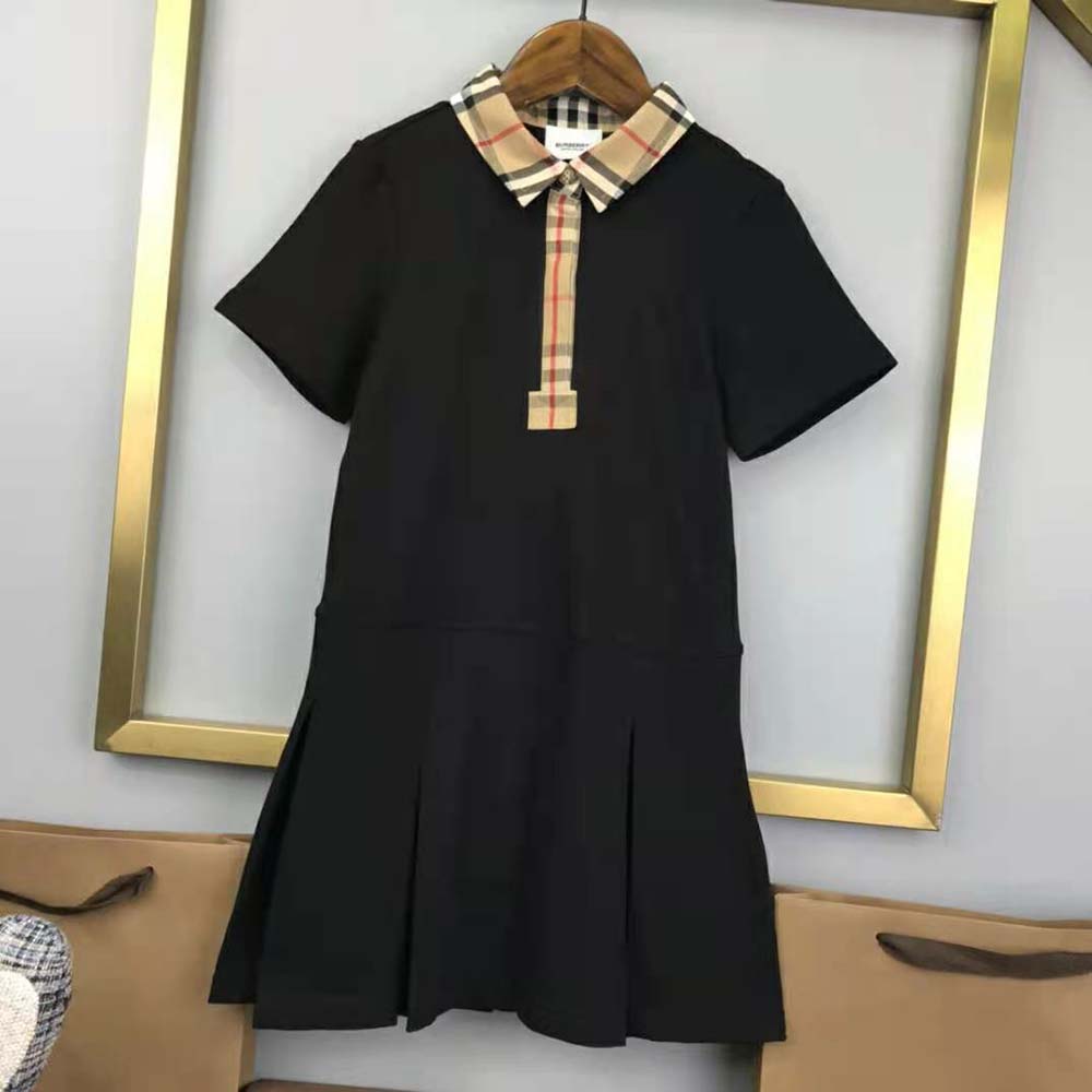 Burberry Girls’ Vintage Check Trim Cotton Piqué Polo Shirt Dress-Black - image 4