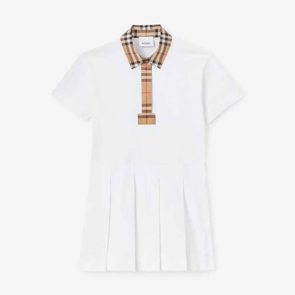 Front view of Burberry Girls’ Vintage Check Trim Cotton Piqué Polo Shirt Dress-White