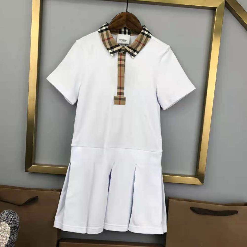 Burberry Girls’ Vintage Check Trim Cotton Piqué Polo Shirt Dress-White - image 4