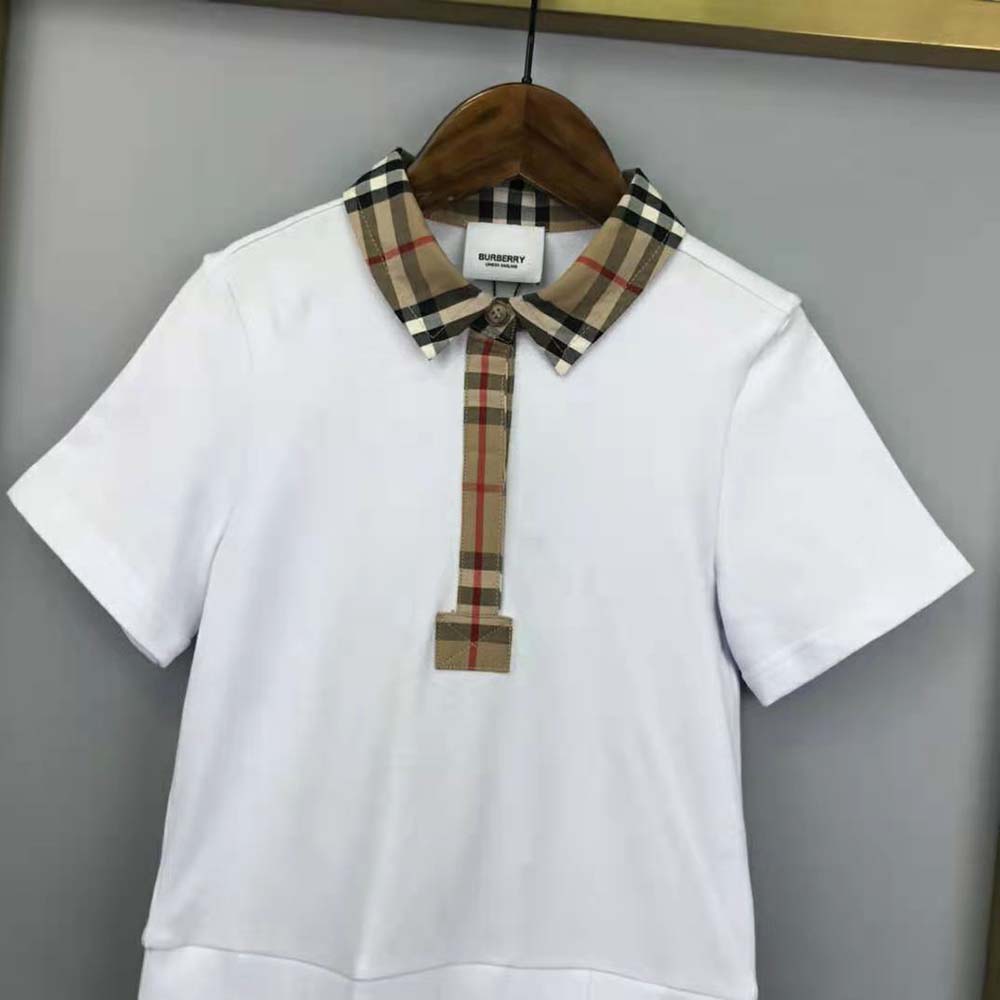 Burberry Girls’ Vintage Check Trim Cotton Piqué Polo Shirt Dress-White - image 6
